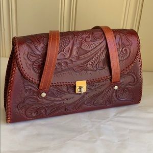 Vintage Tooled Leather deep Red Handbag
